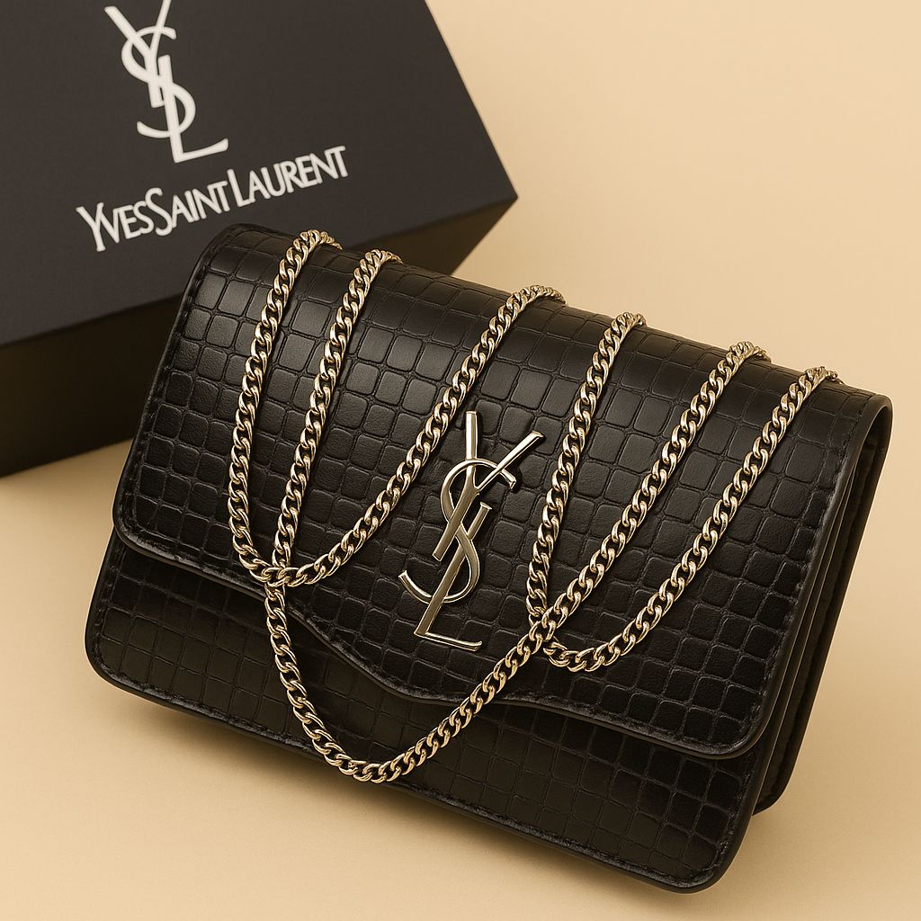 Croc-Embossed Vegan Leather Crossbody Bag – Gold Chain