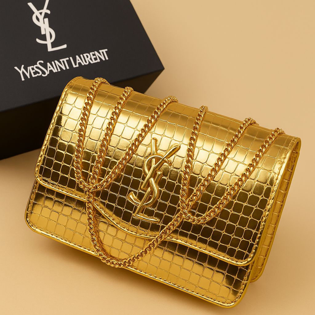 Croc-Embossed Vegan Leather Crossbody Bag – Gold Chain