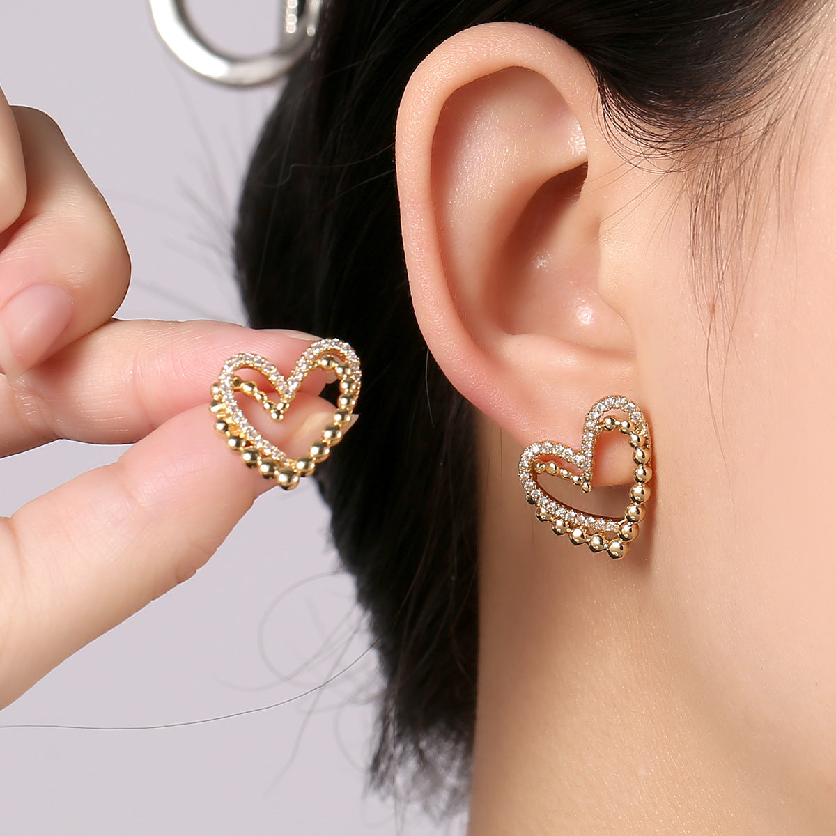 Elegant Double Heart Crystal Stud Earrings